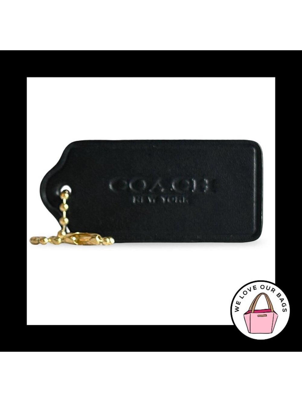 COACH HANG TAG 2.25" Black Leather Bag Charm Keychain Fob New York Gold Brass